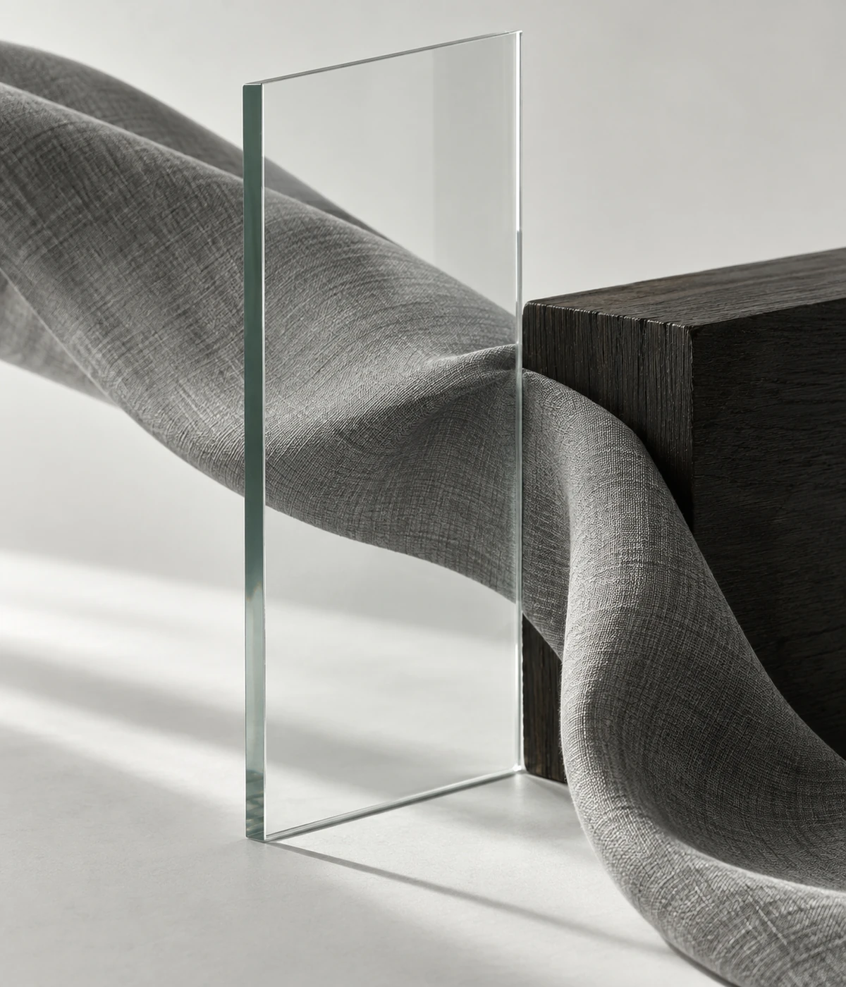 Tessuto grigio disposto tra una lastra di vetro trasparente e un blocco di legno scuro. / Grey fabric arranged between a clear glass sheet and a dark wooden block.