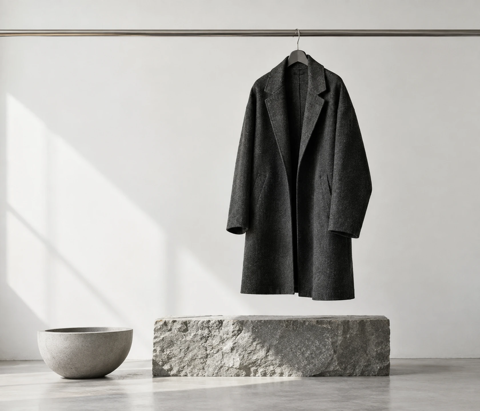 Cappotto grigio sospeso sopra un piedistallo in pietra con una ciotola chiara. / A grey coat suspended above a stone plinth with a light-coloured bowl.