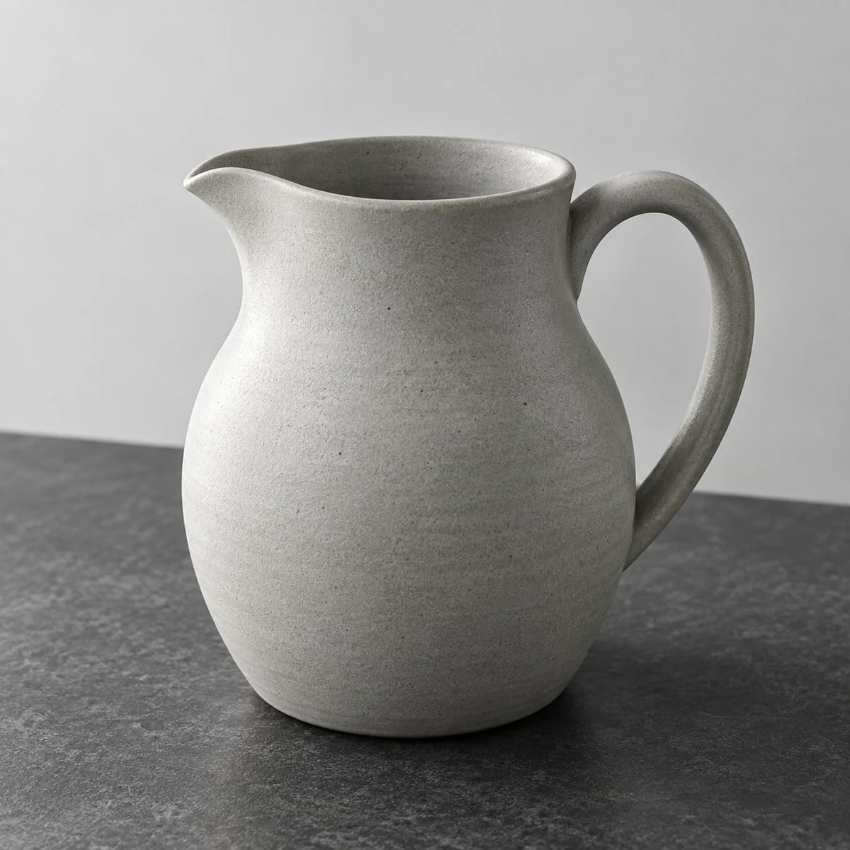Brocca grigio chiaro vista di tre quarti, con manico, beccuccio e apertura visibili. / A light grey pitcher seen at a three-quarter angle, showing its handle, spout and opening.